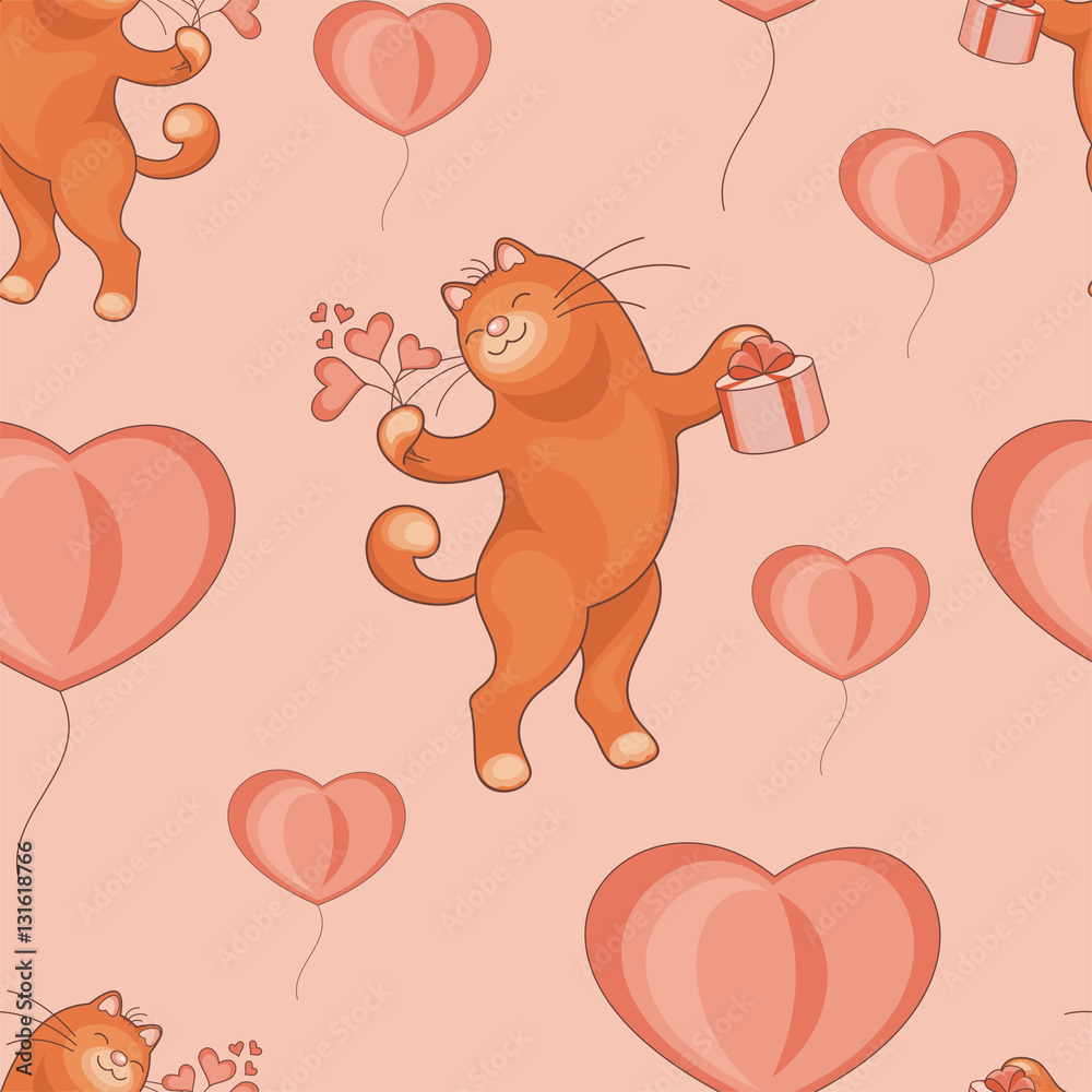 Valentine's day seamless pattern. Cartoon image of cute funny cats Valentine's day seamless pattern. Cartoon image of cute funny cats