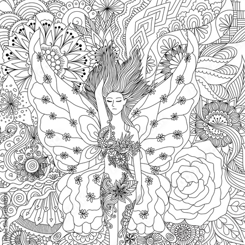 Beautiful fairy girl sleeping on flowers for adult coloring book. Stock Vector