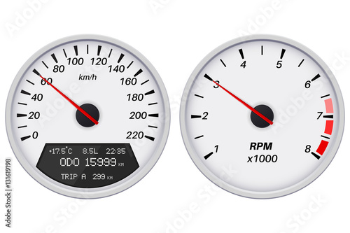 Speedometer and tachometer. White gauge