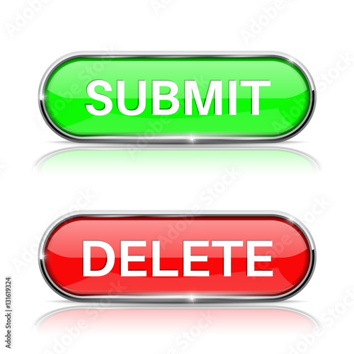 Submit and Delete active buttons. Shiny green and red oval web icons