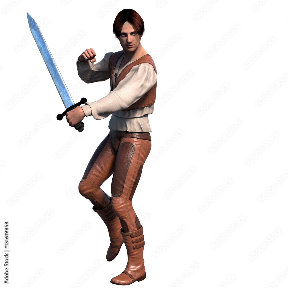 a young well-dressed warrior in leather armor. He stands in a fighting pose with a sword. Left side a young well-dressed warrior in leather armor. He stands in a fighting pose with a sword. Left side