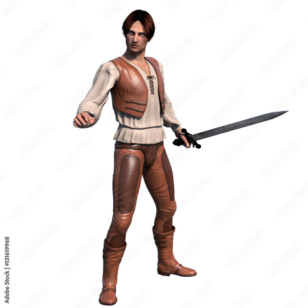 a young well-dressed warrior in leather armor. He stands in a posture of waiting. In his left hand a sword a young well-dressed warrior in leather armor. He stands in a posture of waiting. In his left hand a sword