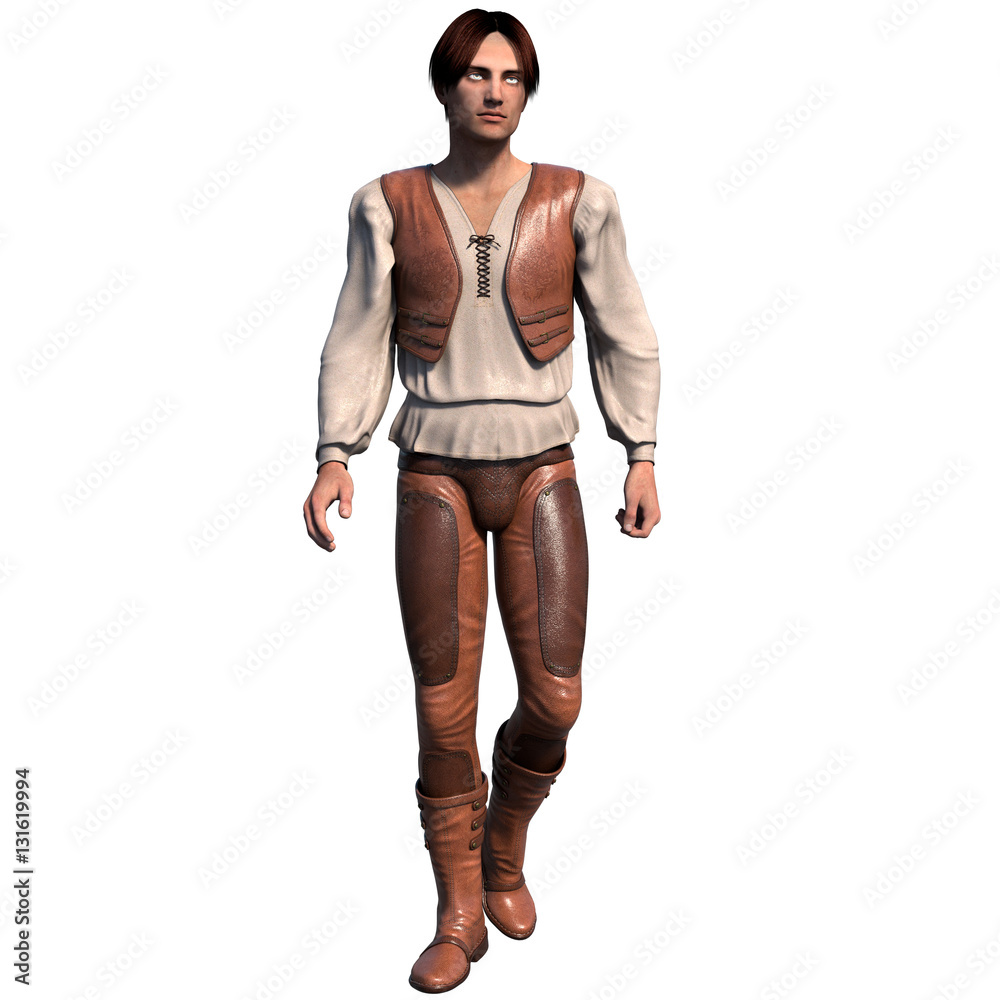 a young well-dressed warrior in leather armor. He walks over to the camera on foot a young well-dressed warrior in leather armor. He walks over to the camera on foot