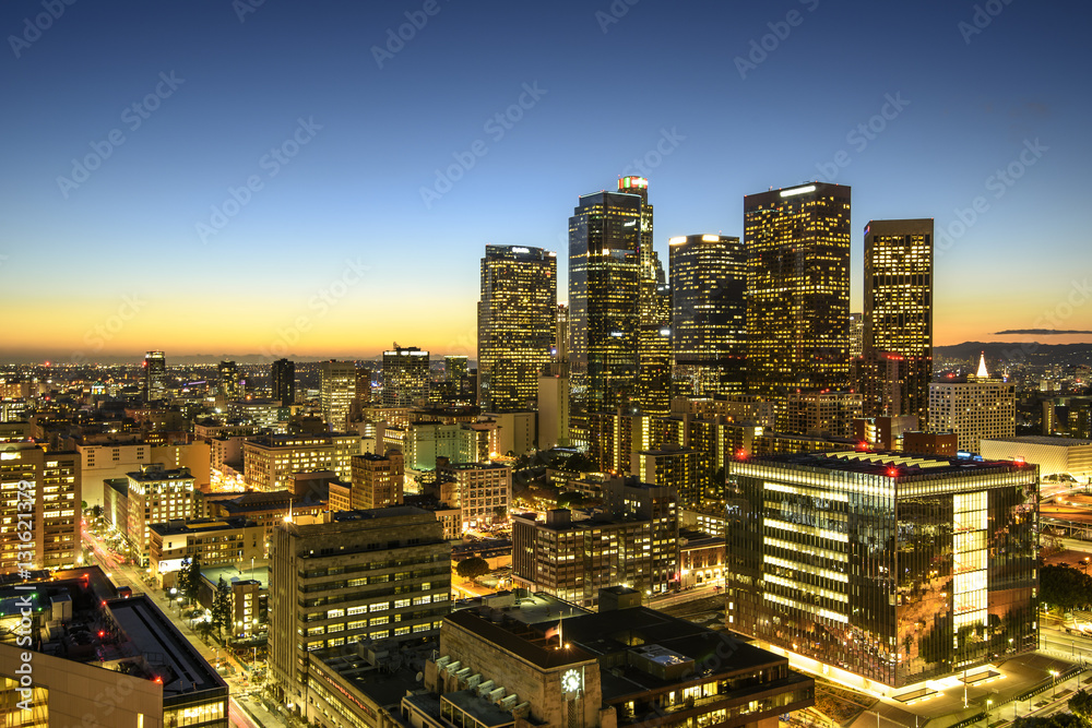 Fototapeta premium Skyscrapers in downtown Los Angeles California at sunset