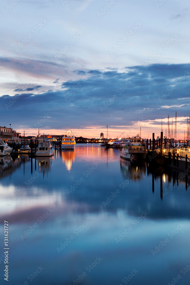 Pre-dawn light at the docks in Boston Harbor