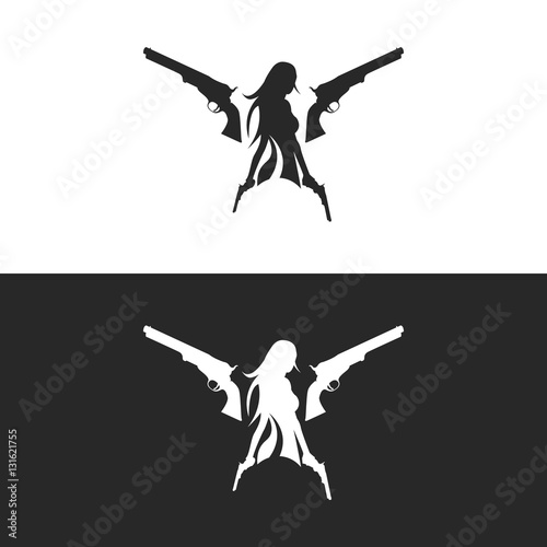 Girl with Gun Silhouette Logo. Isolated.