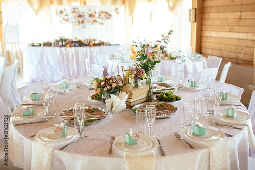 Wedding table appointments with beautiful decor and flowers Valentines Day background