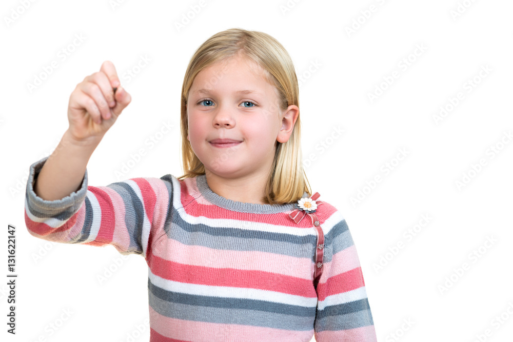 cute little girl drawing in the air or imaginary screen