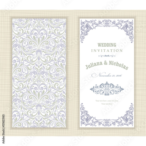 Wedding invitation cards in an vintage-style blue and green.