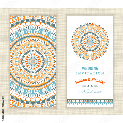 Set of vintage Wedding Invitation card with Mandala pattern and in green, blue and red color. 