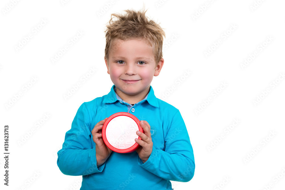 Boy is holding big clock, isolated over white Boy is holding big clock, isolated over white