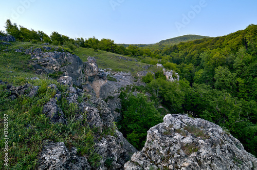 A view of the canyon and the mountains in the distance. Summer. © Bahvalov-s