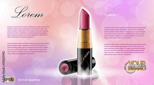 Digital vector black and golden container and red glamorous lipstick mockup, with your brand, ready for print ads or magazine design. Glossy and shine, realistic 3d style