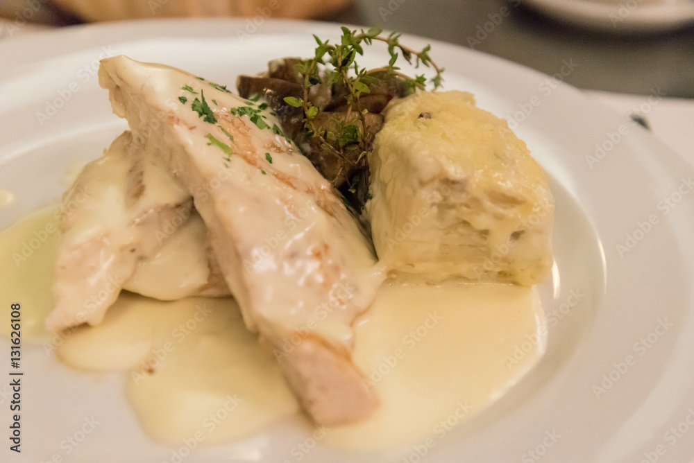 Creamy chicken with mushrooms served in a Buenos Aires restaurant in Argentina Creamy chicken with mushrooms served in a Buenos Aires restaurant in Argentina