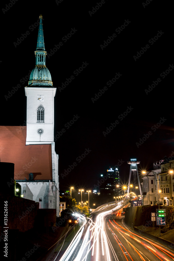 Long exposure of St. Martin's Cathedral and the UFO bridge.