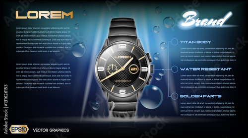 Digital vector dark silver classic man watch mockup with blue bubbles, with your brand, ready for print ads or magazine design. Glossy and shine, realistic 3d style