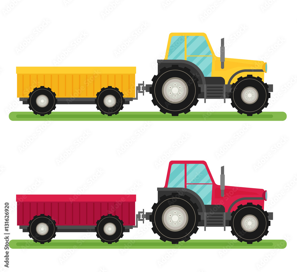 Tractor with trailer vector. Flat design. Industrial transport.