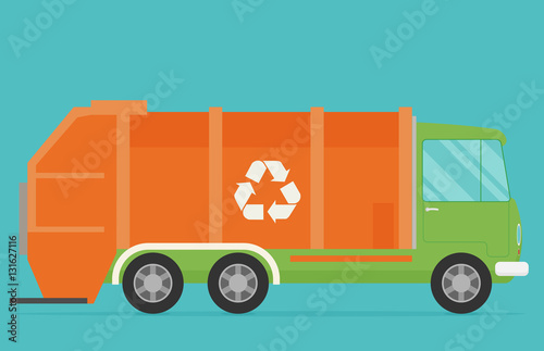 Orange garbage truck transportation. Flat vector.