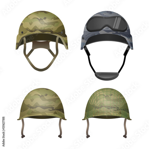 Set of military camouflage helmets in khaki camo colors