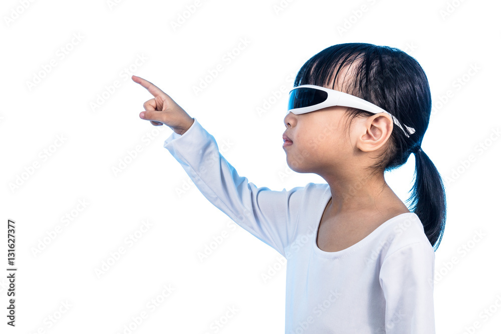 Asian Chinese little girl with futuristic eyeglassses in isolate