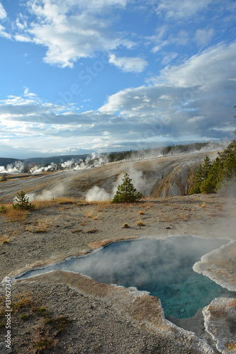 Blue geyser lake and green trees in Yellowstone
