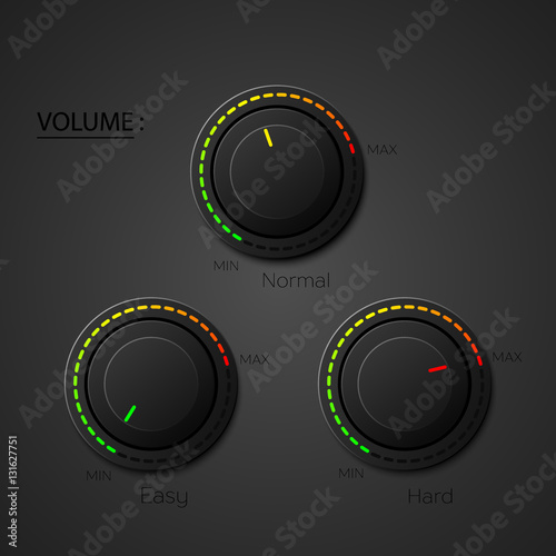 Set Realistic music button, volume knob with realistic designed shadow. Easy, normal, hard. Eps 10