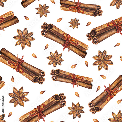 Watercolor seamless pattern with star anise and cinnamon sticks on a white background. Handdrawn watercolor illustration. Vector design by flyer, printing, card, menu of cafe, restaurant, fabric