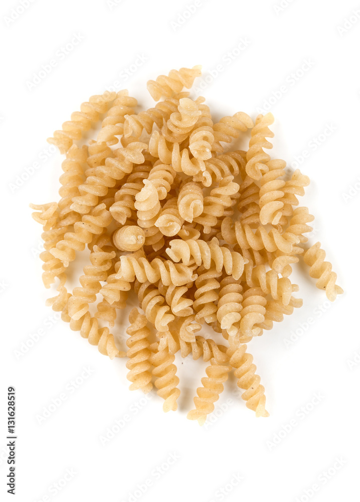 Brown rice fusilli isolated on a white background Brown rice fusilli isolated on a white background