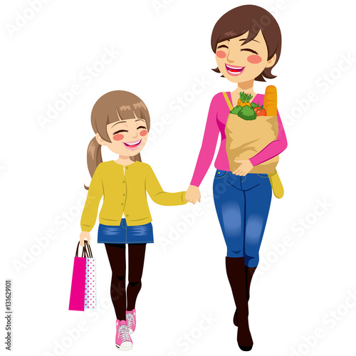 Beautiful mom with grocery paper bag and daughter shopping together helping parent holding bags