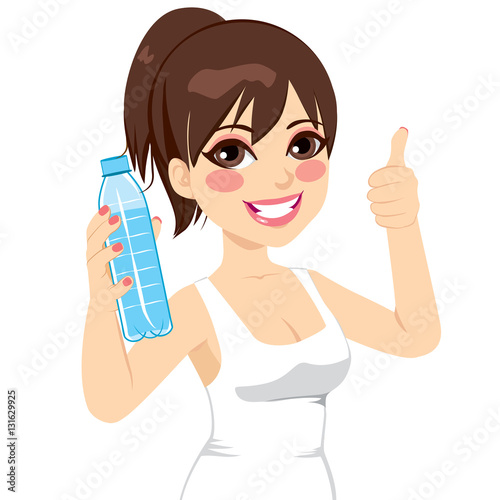 Beautiful sport brunette woman happy smiling showing water bottle and making thumb up sign