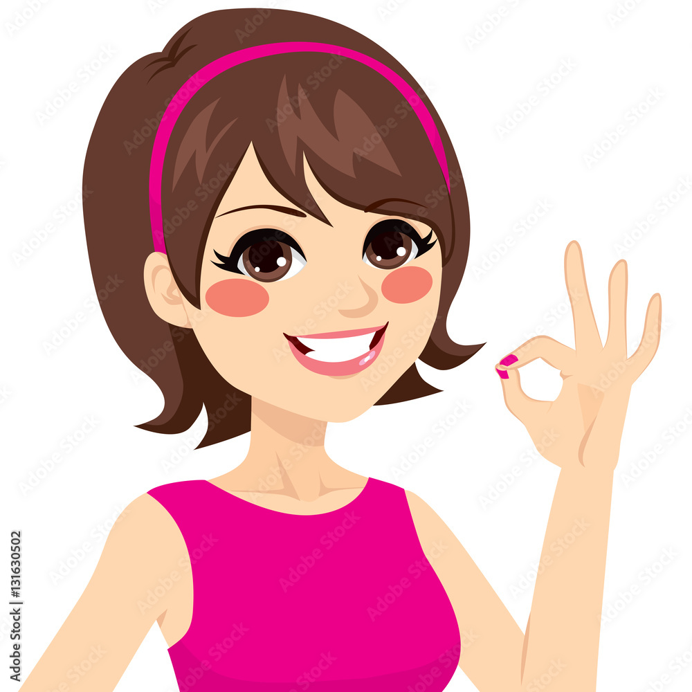 Happy woman wearing casual clothes showing okay sign with hand isolated on white background Happy woman wearing casual clothes showing okay sign with hand isolated on white background