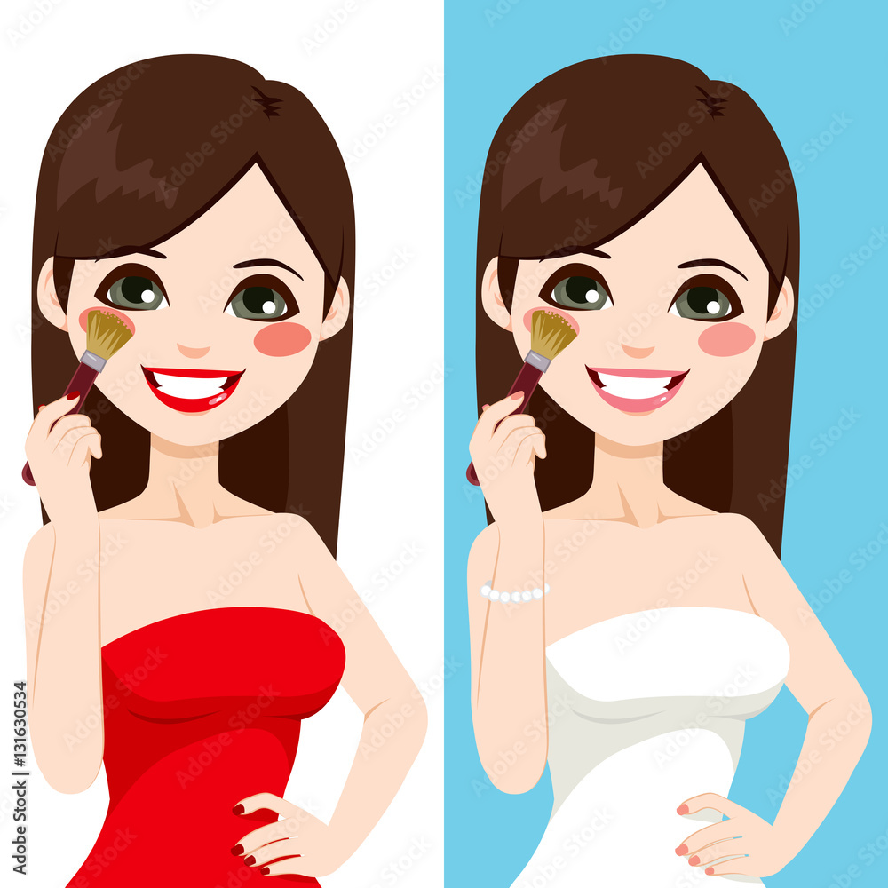 Beautiful brunette young woman applying blush with brush in two different color version isolated on white and blue background Beautiful brunette young woman applying blush with brush in two different color version isolated on white and blue background