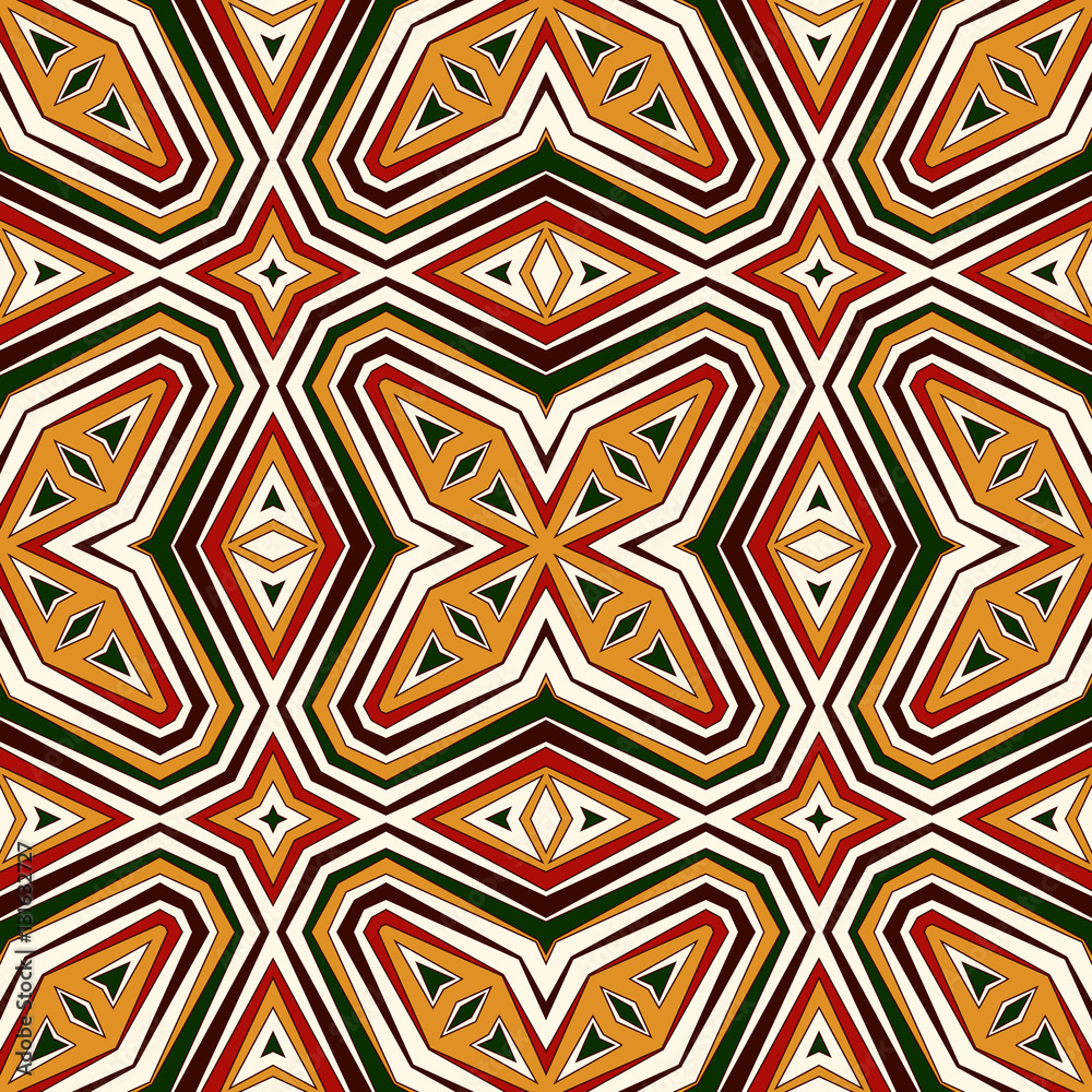 Seamless pattern in Christmas traditional colors. Bright ornamental abstract background. Ethnic and tribal motifs.
