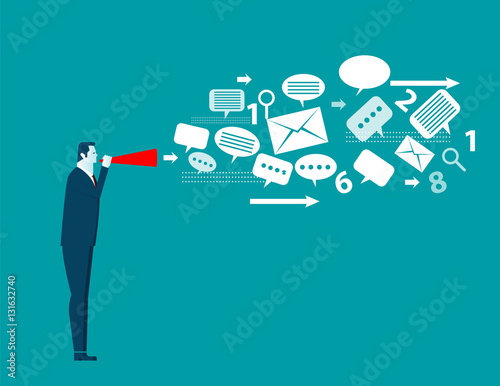 Businessman talk emotionally in paper trumpet. Concept business