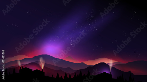 Starry Night Village in the Mountains and Pine Forest - Vector I