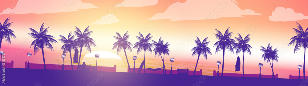 Beach Sunset Walkway Palm Trees Panorama - Vector Illustration