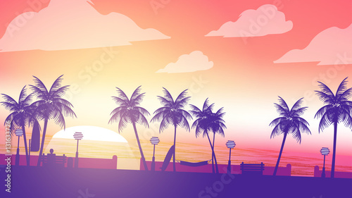 Beach Sunset Walkway with Man Sitting in the Foreground and Palm