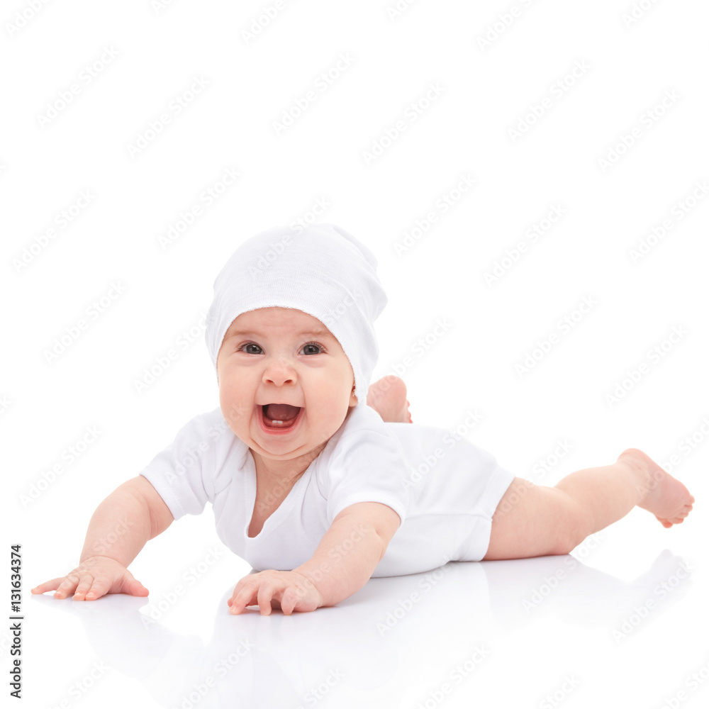 Cute laughing baby isolated on white background. Happy childhood Cute laughing baby isolated on white background. Happy childhood