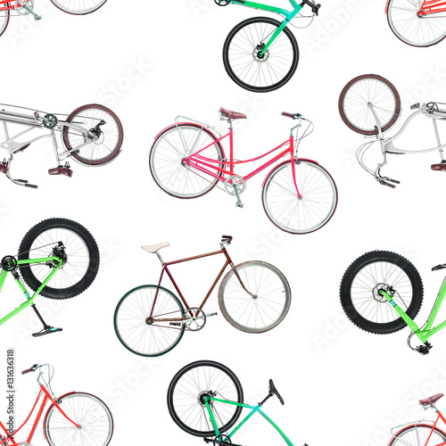 Seamless pattern of different bicycles isolated on a white