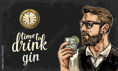 Hipster holding a glass of gin and antique pocket watch.