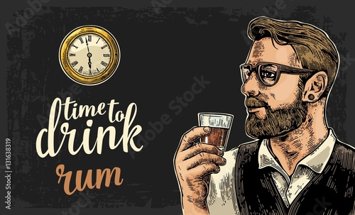 Canvas Print Hipster holding a glass of rum and antique pocket watch.