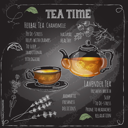 Herbal Tea Time card with cup, teapot,  flowers  and  leaves. 