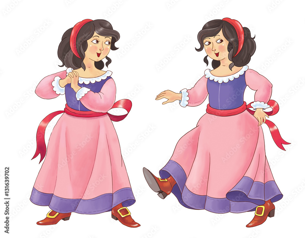 Snow White and seven dwarfs. Fairy tale. Illustration for children. Cute and funny cartoon characters Snow White and seven dwarfs. Fairy tale. Illustration for children. Cute and funny cartoon characters