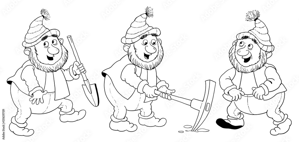 Fairy tale. Coloring page. Snow White and seven dwarfs.  A cute dwarf. Illustration for children