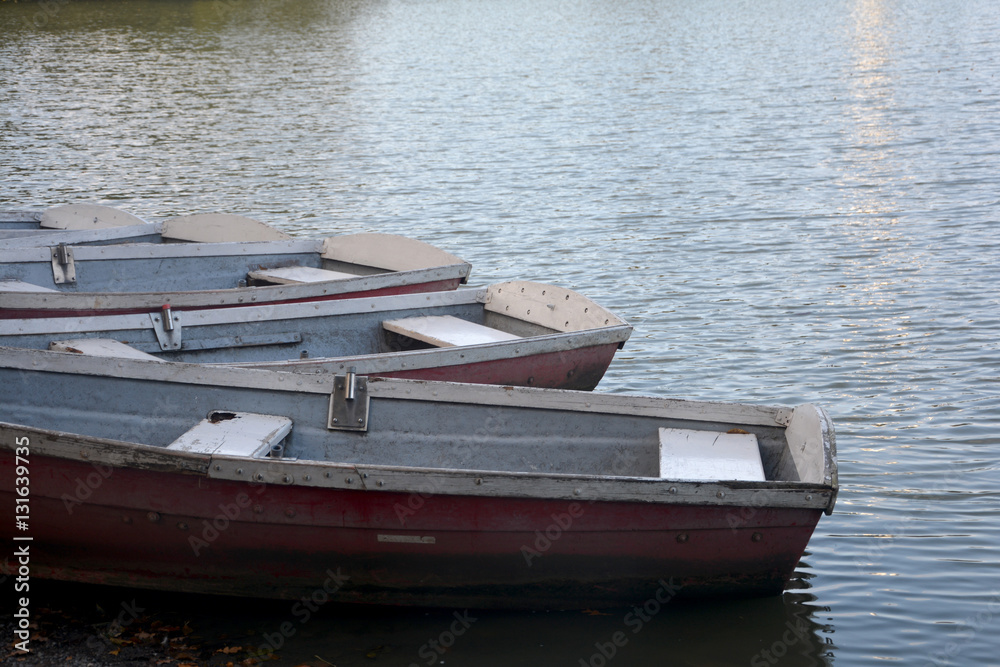 Rot -Weiße Holz - Kanu - Boote liegen am Ufer eines Sees im Abendlicht