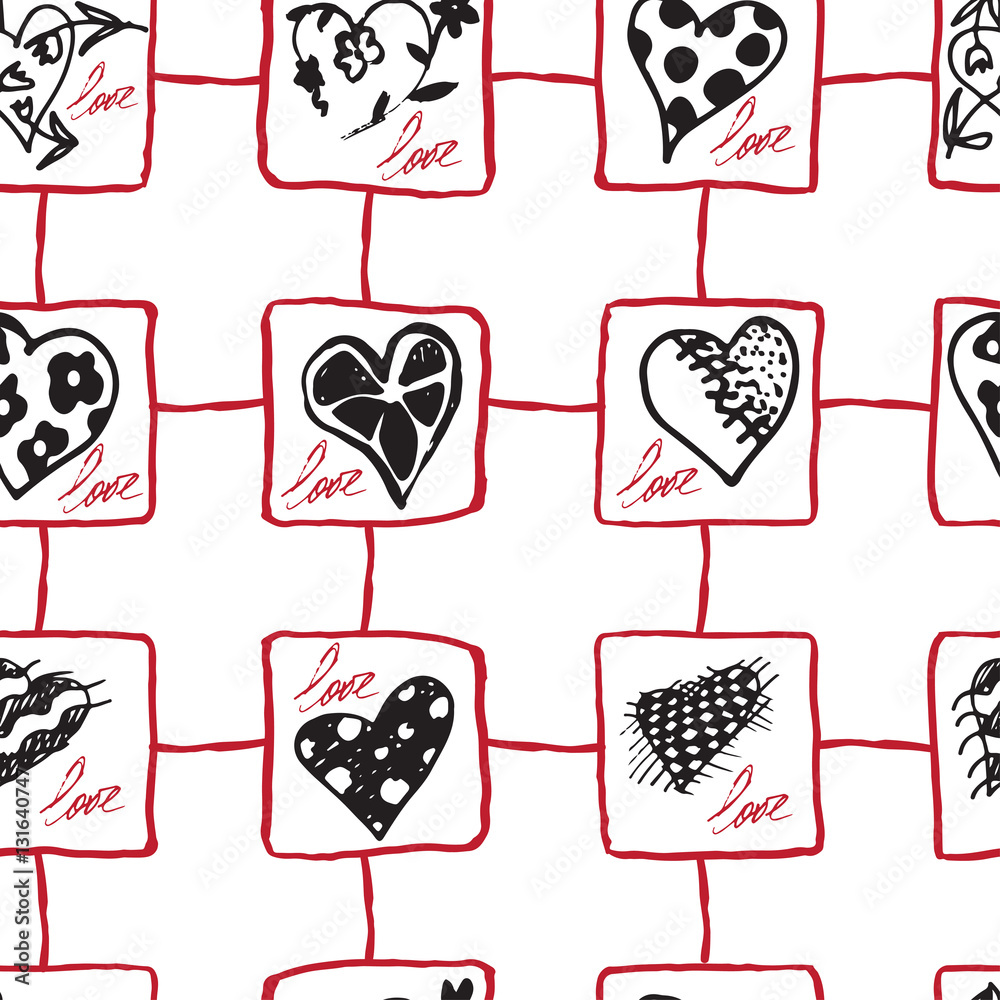 Retro hand-drawn sketches seamless background with hearts for valentines and wedding day Retro hand-drawn sketches seamless background with hearts for valentines and wedding day