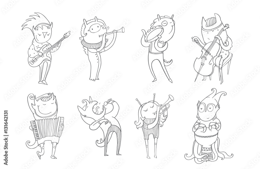 Vector black and white collection with lovely monsters, playing musical instruments and singing. Creatures play accordion, trumpet, drum, guitar, flute, cello, tambourine. Hand drawn characters set Vector black and white collection with lovely monsters, playing musical instruments and singing. Creatures play accordion, trumpet, drum, guitar, flute, cello, tambourine. Hand drawn characters set