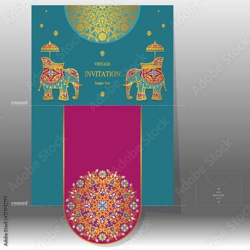 Indian wedding Invitation card templates with gold Elephant patterned and crystals on paper color