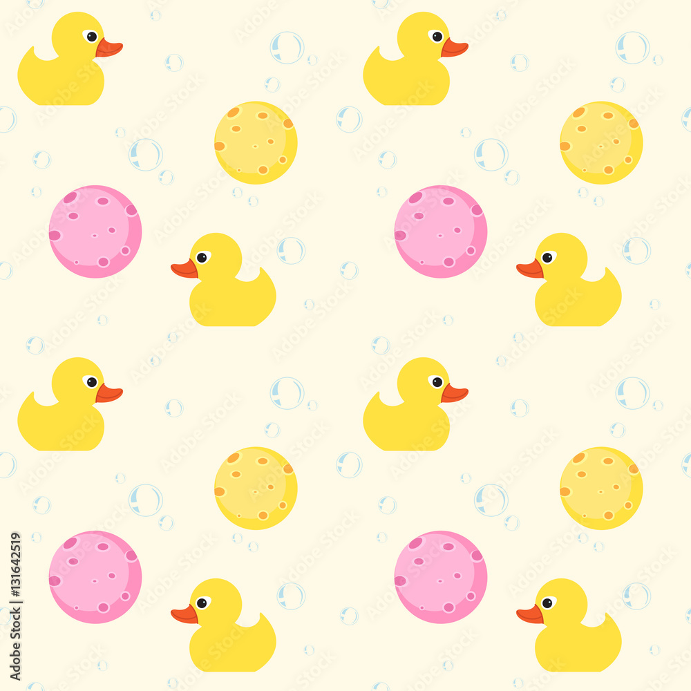 Seamless pattern with yellow rubber duck,soap bubble and sponge