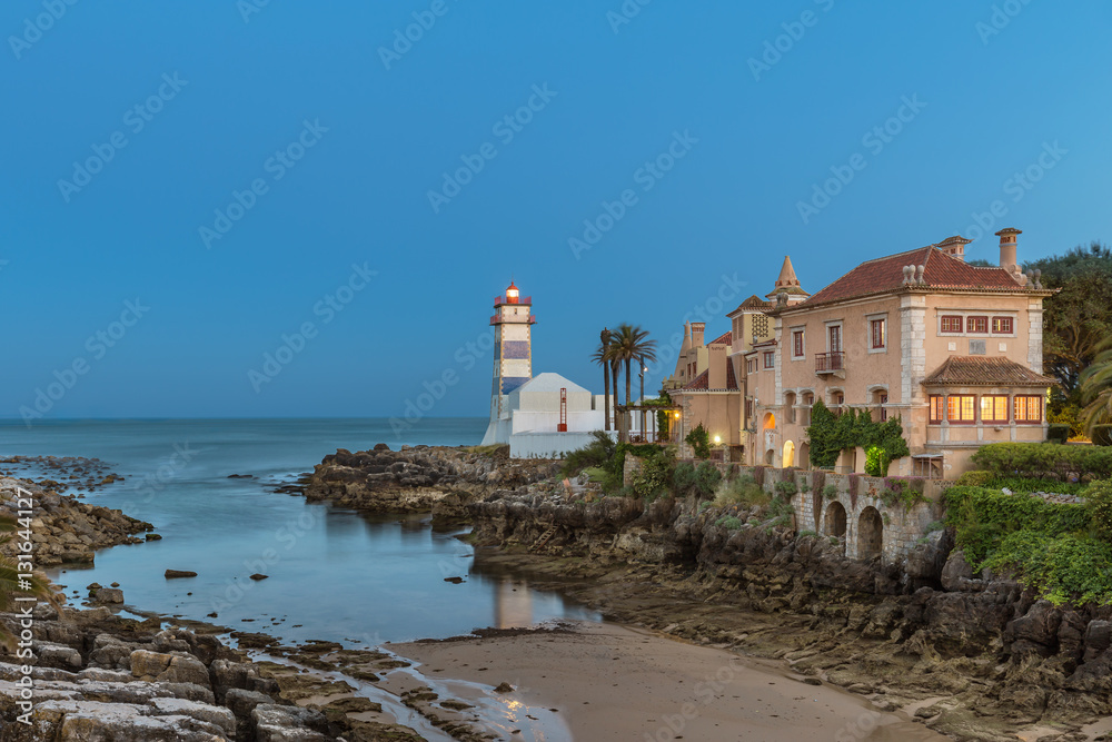 Santa Marta Lighthouse in the evening in Cascais, Portugal